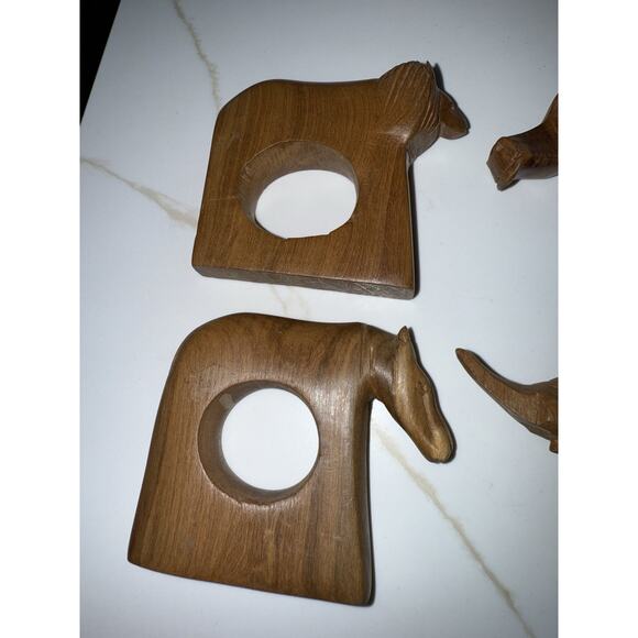 Safari Animal Napkin Ring Holders Hand Carved Wooden Set Of 4 Table Decor - Picture 7 of 10
